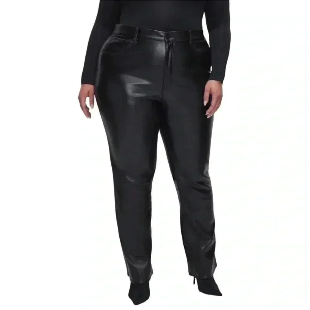 Good American Better Than Leather Pants Faux Leather Black Straight Leg Sz 16 - Picture 3 of 12